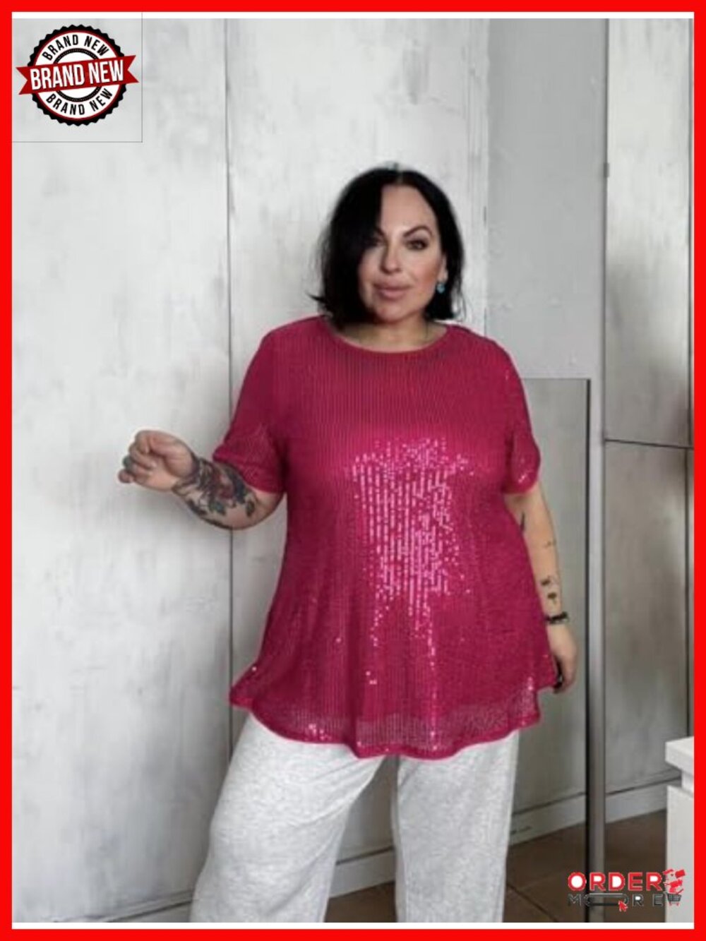 Plus Size Sequin Tunic Tops Crewneck Sparkly Slimming Party Tops View 3